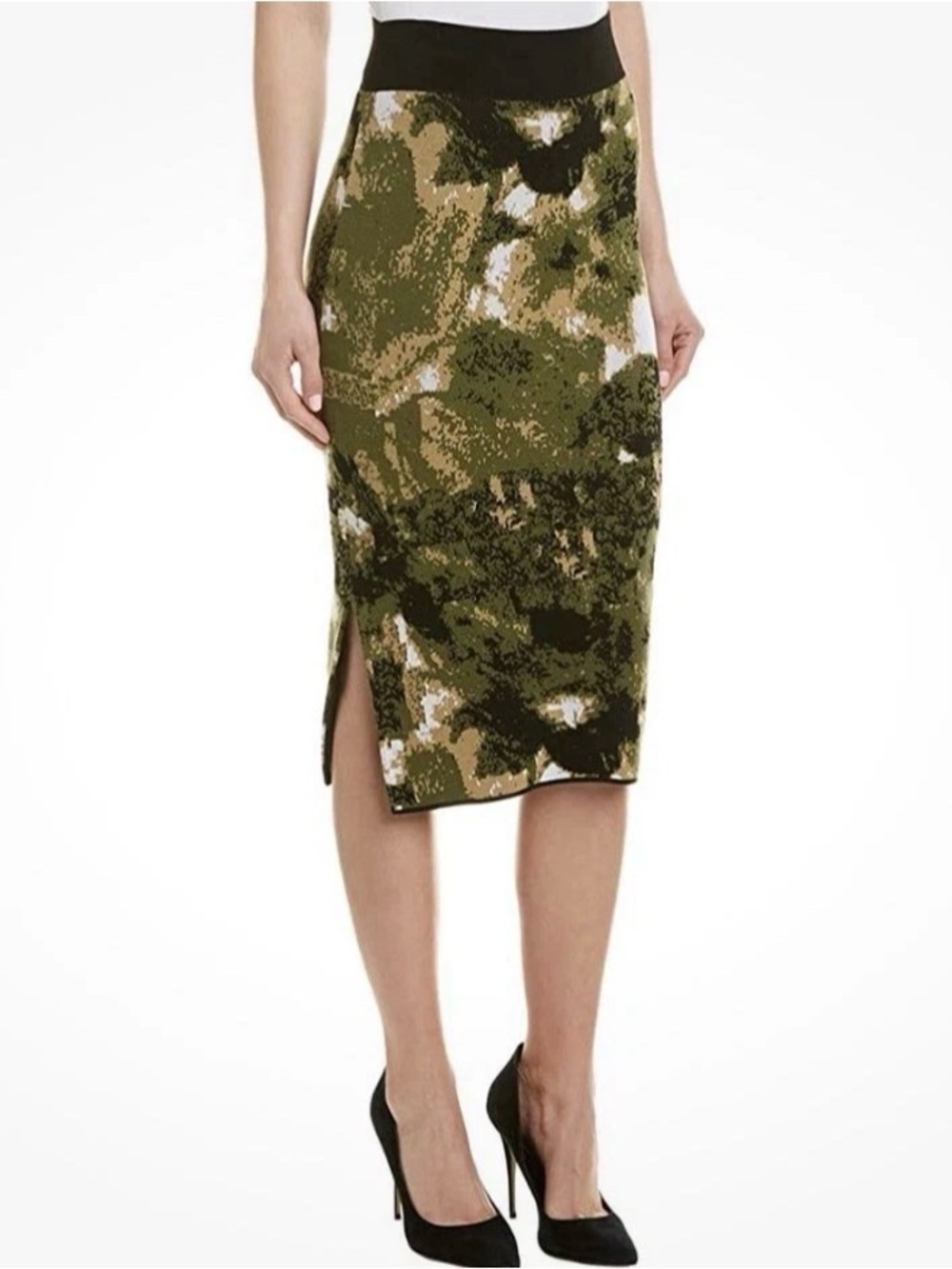 Nicole Miller Olive Green Camo Midi A-Line Skirt